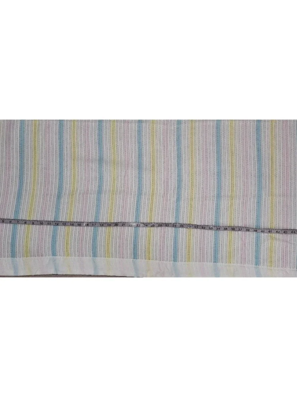 VTG WPL 1675 Stripe Knit Baby Blanket Acrylic Pastel Pink Blue Yellow Satin Trim